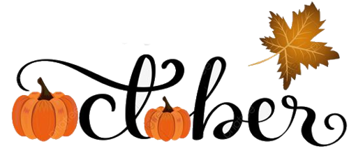 The word October with pumpkins for the o and brown leaf in the upper right over the r in October